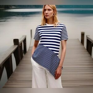 COS Shirt Blouse Womens L Asymmetrical Hem Peplum Striped Cotton Nautical Sailor